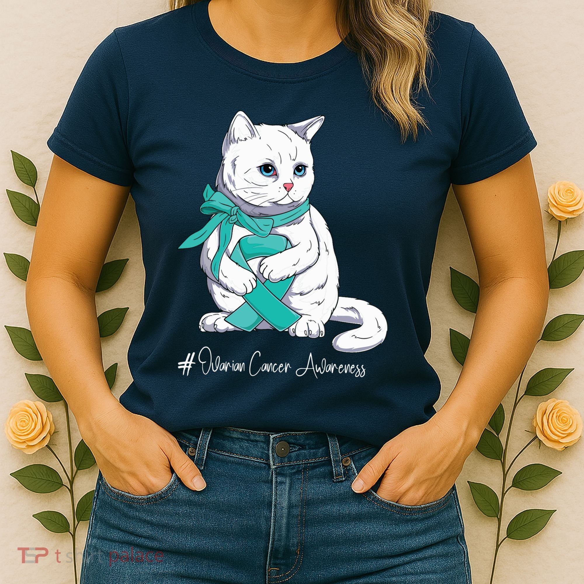 Ovarian Cancer Awareness Month Teal Ribbon Cat Women's T-Shirt
