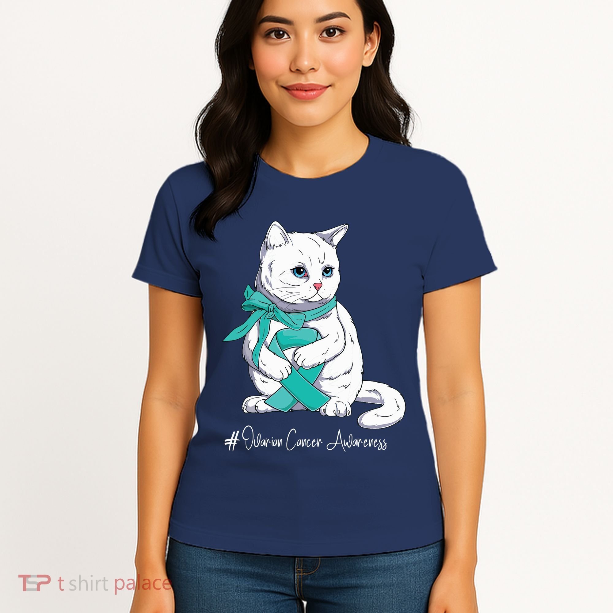 Ovarian Cancer Awareness Month Teal Ribbon Cat Women's T-Shirt