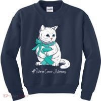 Ovarian Cancer Awareness Month Teal Ribbon Cat Kids Sweatshirt thumb 0