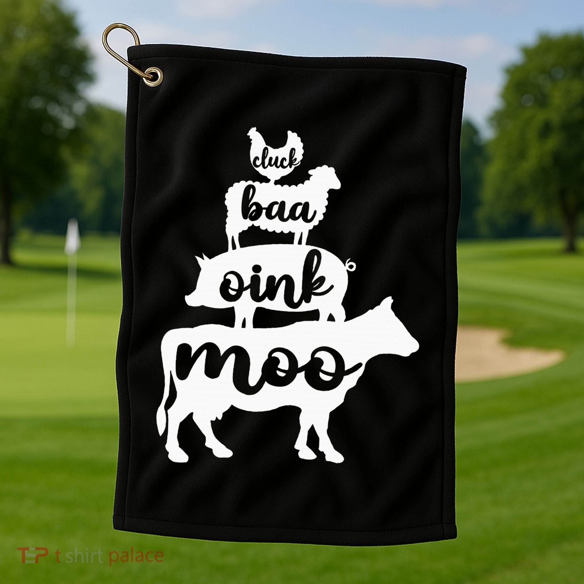 Oink Cluck Baa Moo Birthday Pig Chicken Cow Farmer Golf Towel