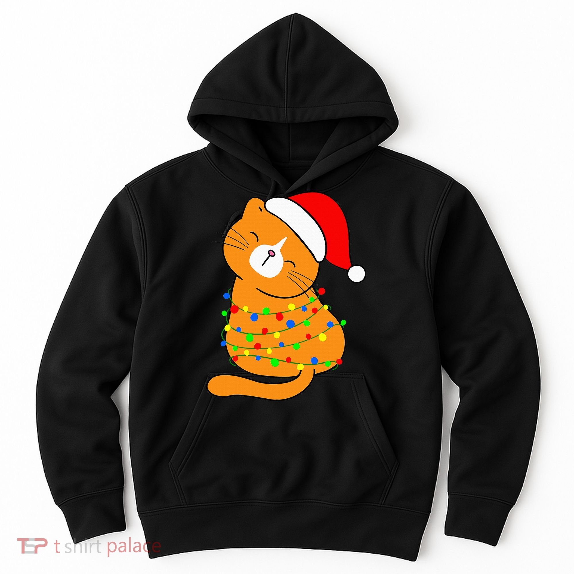 Orange Cat Christmas Tree Lights Santa Hat  Hoodie