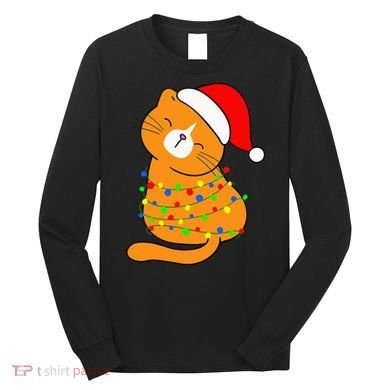 Orange Cat Christmas Tree Lights Santa Hat  Long Sleeve Shirt