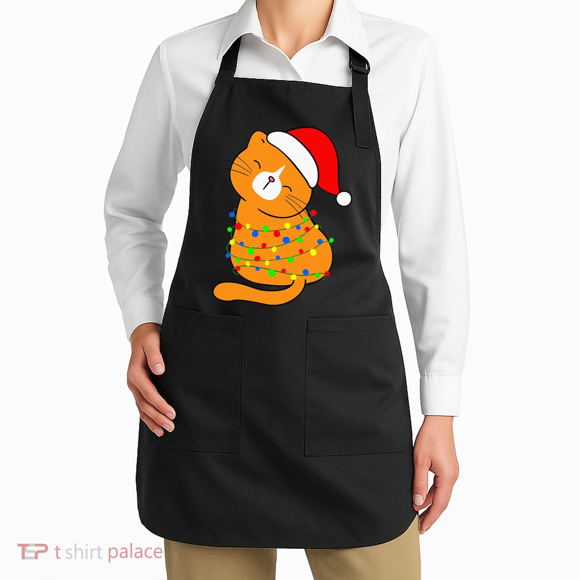 Orange Cat Christmas Tree Lights Santa Hat  Apron
