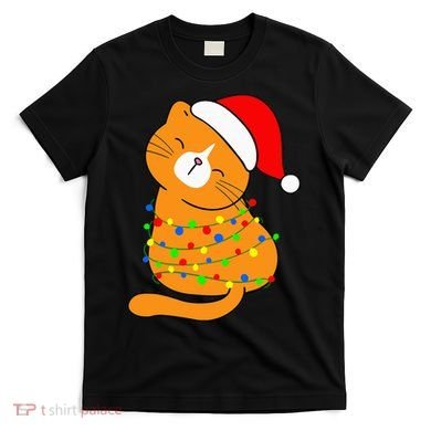 Orange Cat Christmas Tree Lights Santa Hat  T-Shirt