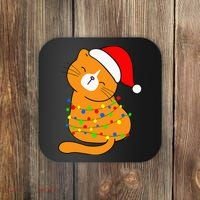 Orange Cat Christmas Tree Lights Santa Hat  Coaster thumb 0