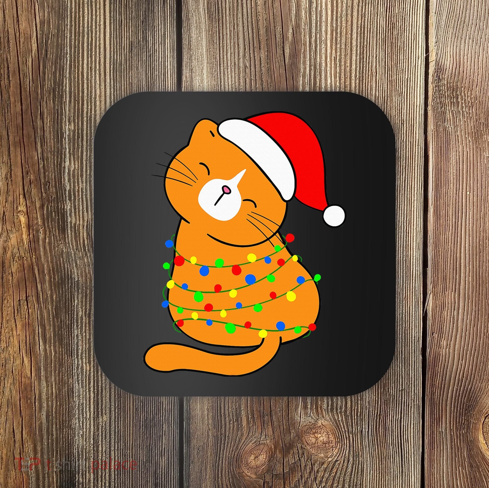 Orange Cat Christmas Tree Lights Santa Hat  Coaster