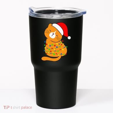 Orange Cat Christmas Tree Lights Santa Hat  Tumbler