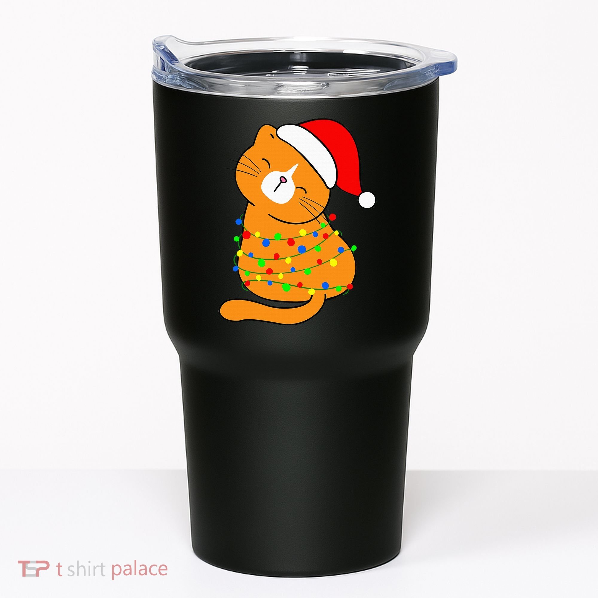 Orange Cat Christmas Tree Lights Santa Hat  Tumbler