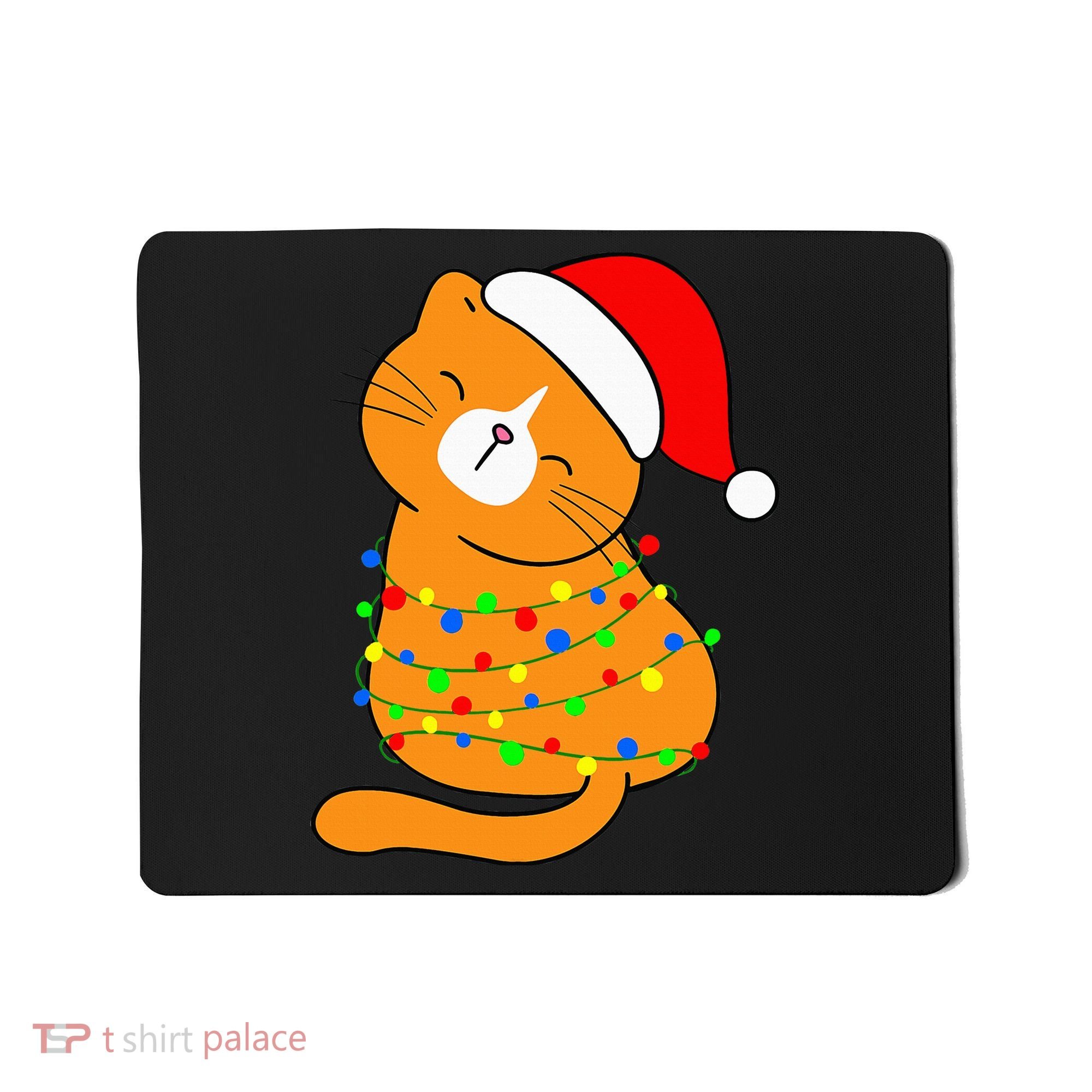 Orange Cat Christmas Tree Lights Santa Hat  Mousepad