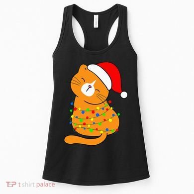 Orange Cat Christmas Tree Lights Santa Hat  Women's Tank Top