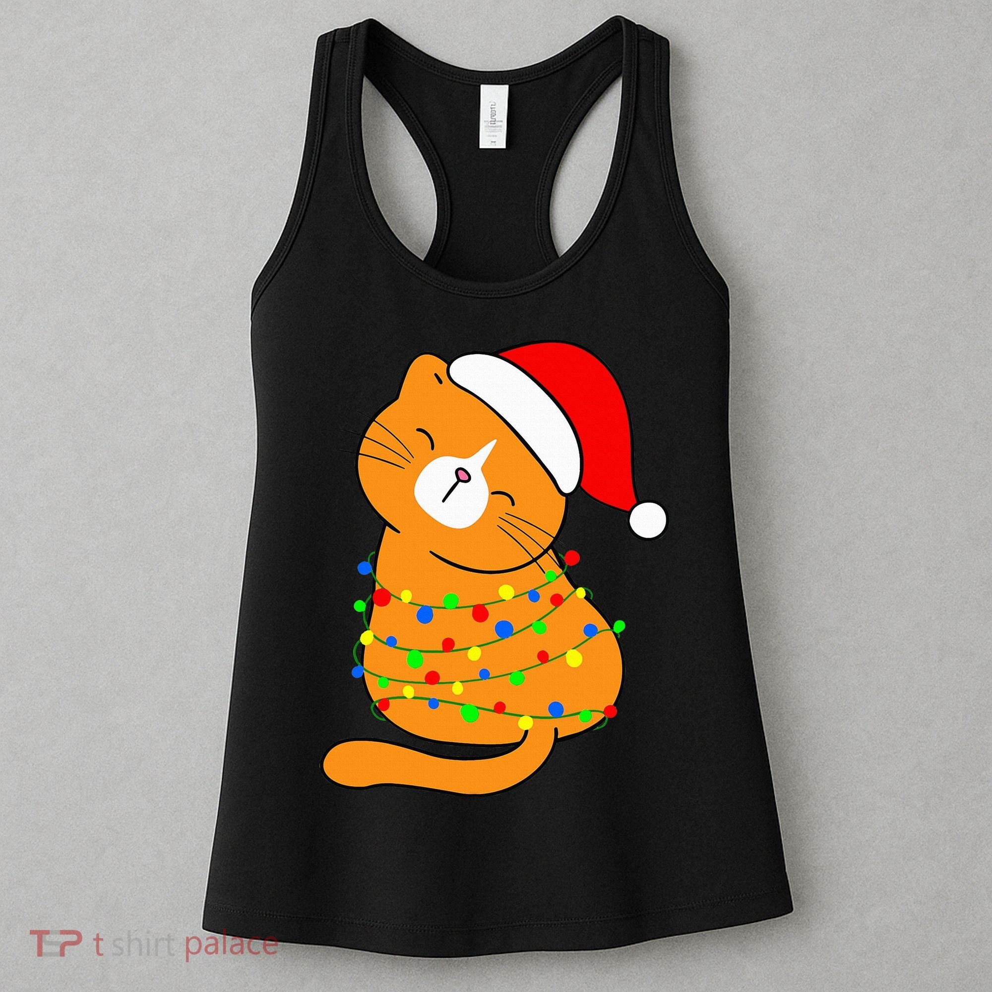 Orange Cat Christmas Tree Lights Santa Hat  Women's Tank Top