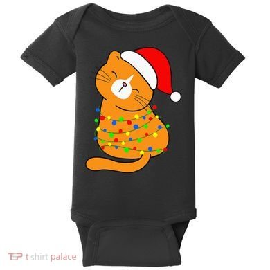 Orange Cat Christmas Tree Lights Santa Hat  Baby Bodysuit
