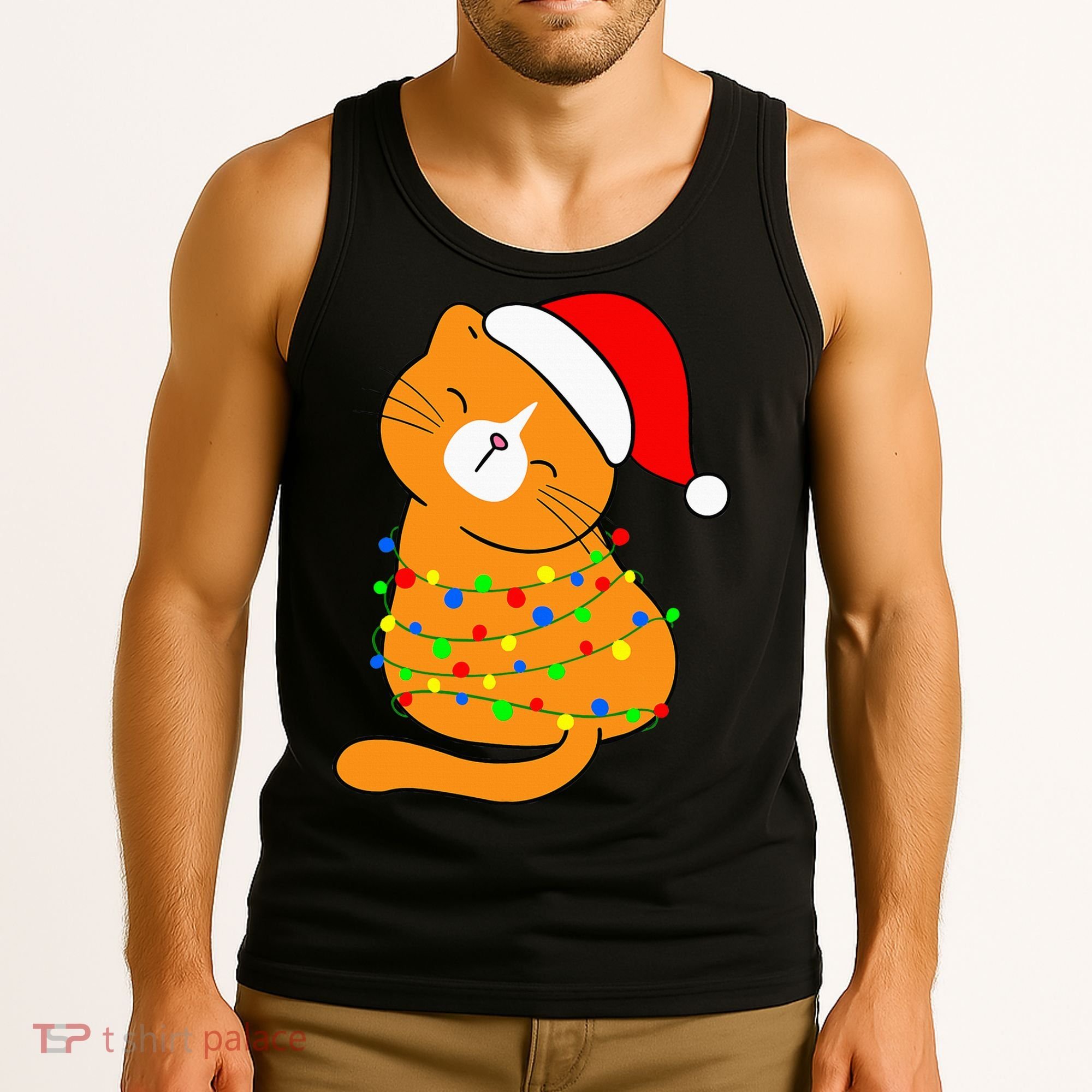 Orange Cat Christmas Tree Lights Santa Hat  Tank Top