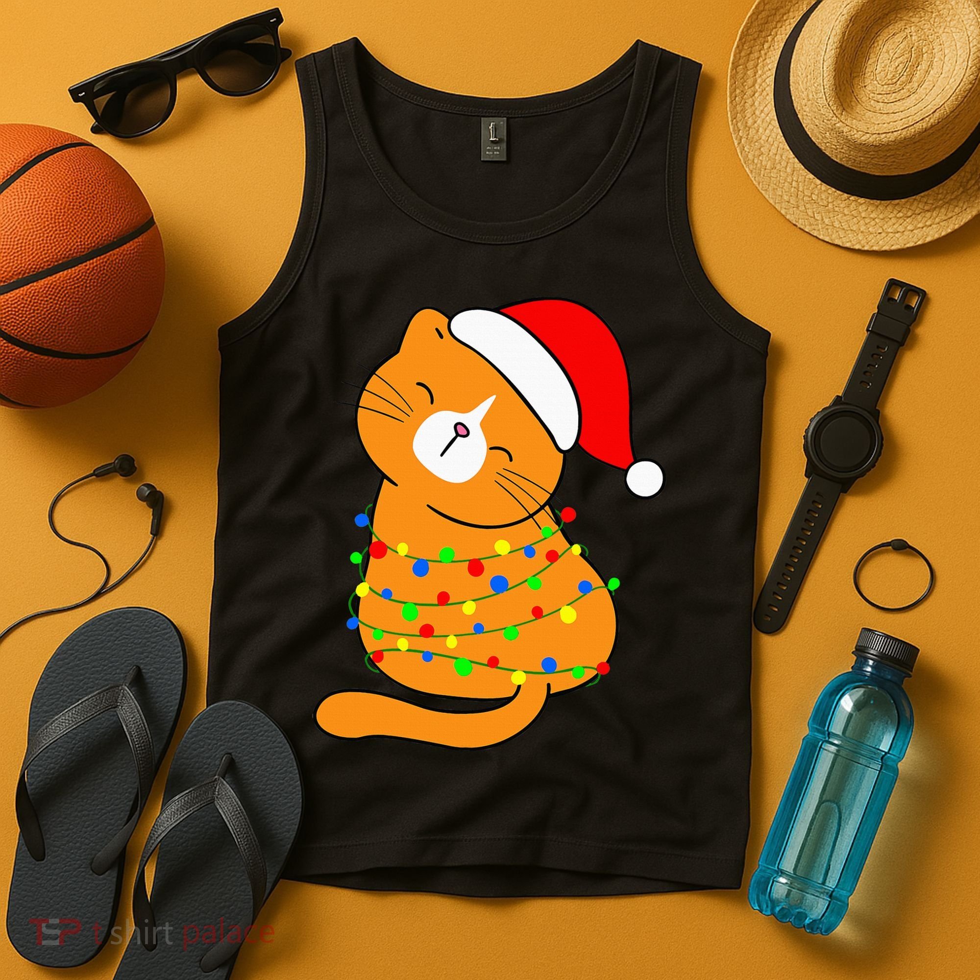 Orange Cat Christmas Tree Lights Santa Hat  Tank Top