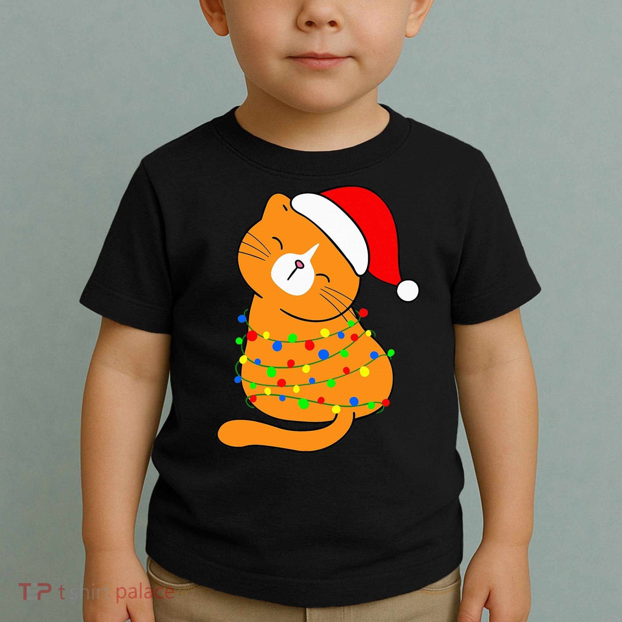 Orange Cat Christmas Tree Lights Santa Hat  Toddler T-Shirt