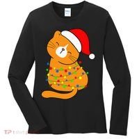 Orange Cat Christmas Tree Lights Santa Hat  Women's Long Sleeve Shirt thumb 0