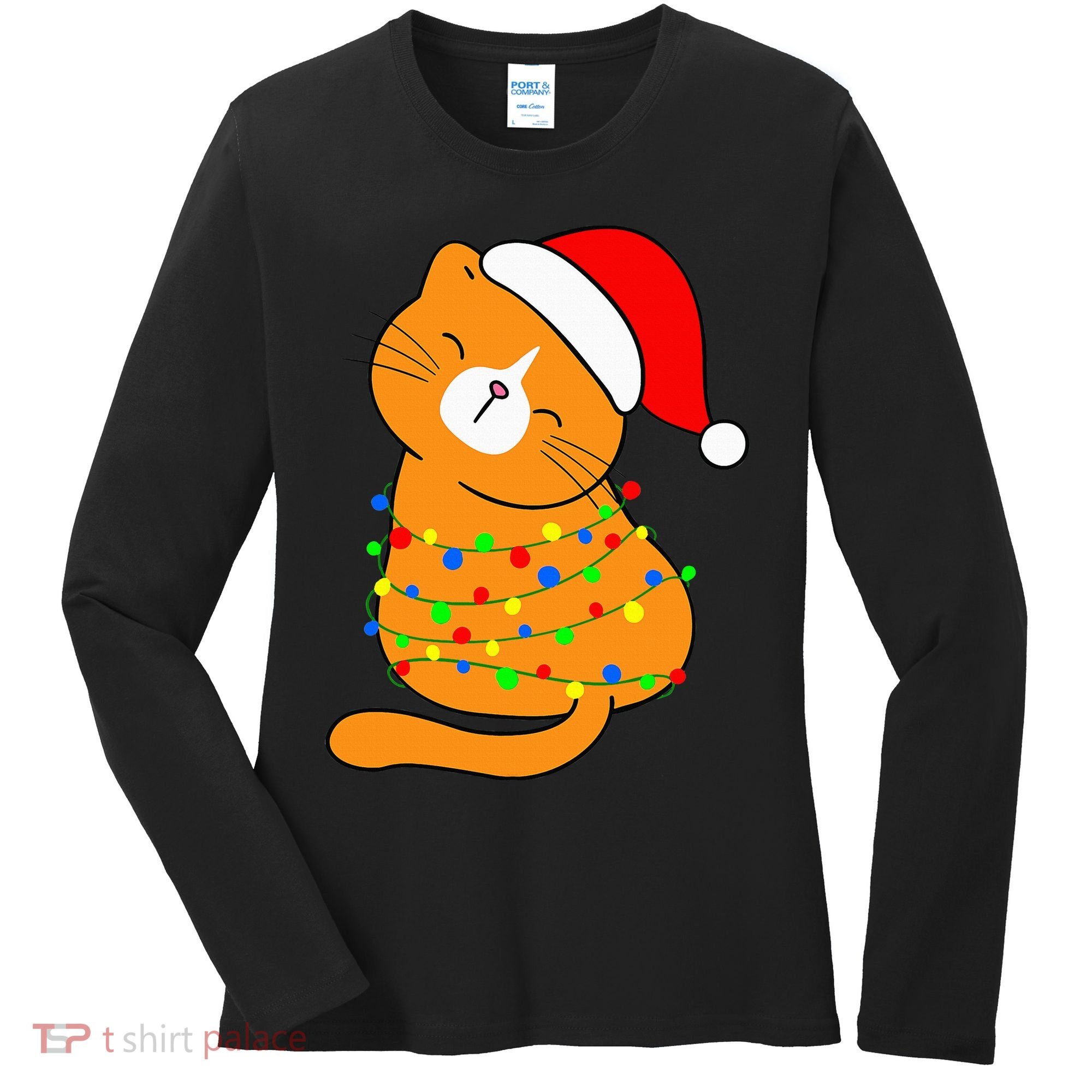 Orange Cat Christmas Tree Lights Santa Hat  Women's Long Sleeve Shirt