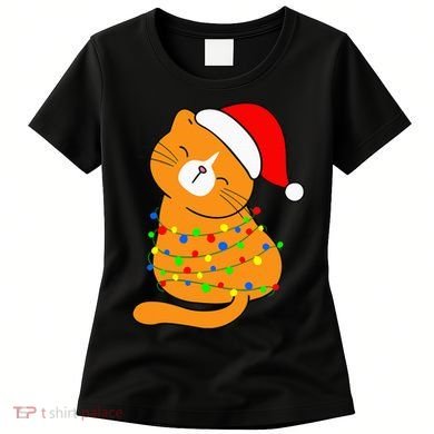 Orange Cat Christmas Tree Lights Santa Hat  Women's T-Shirt