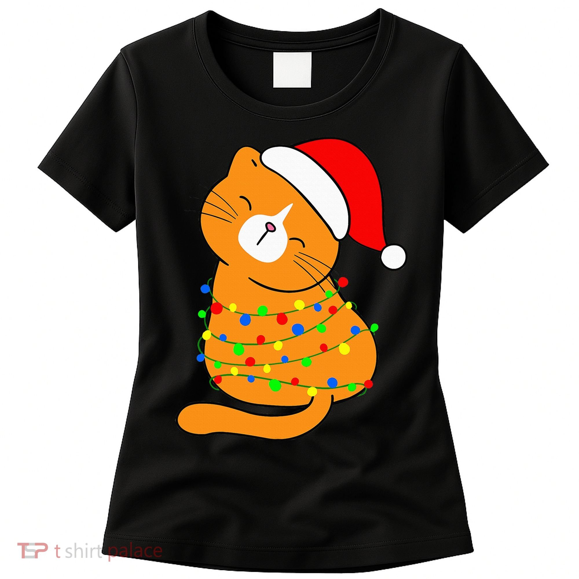 Orange Cat Christmas Tree Lights Santa Hat  Women's T-Shirt