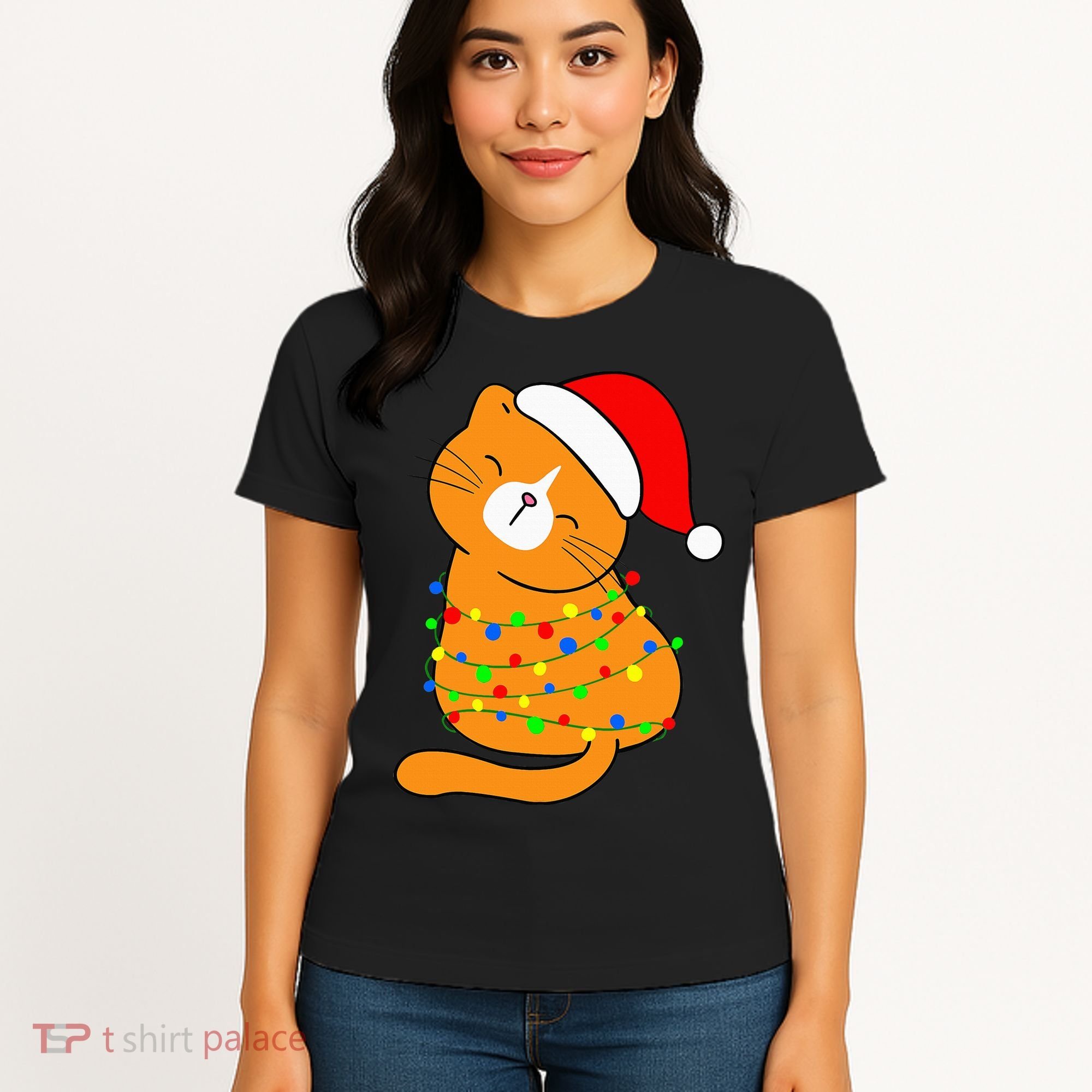 Orange Cat Christmas Tree Lights Santa Hat  Women's T-Shirt