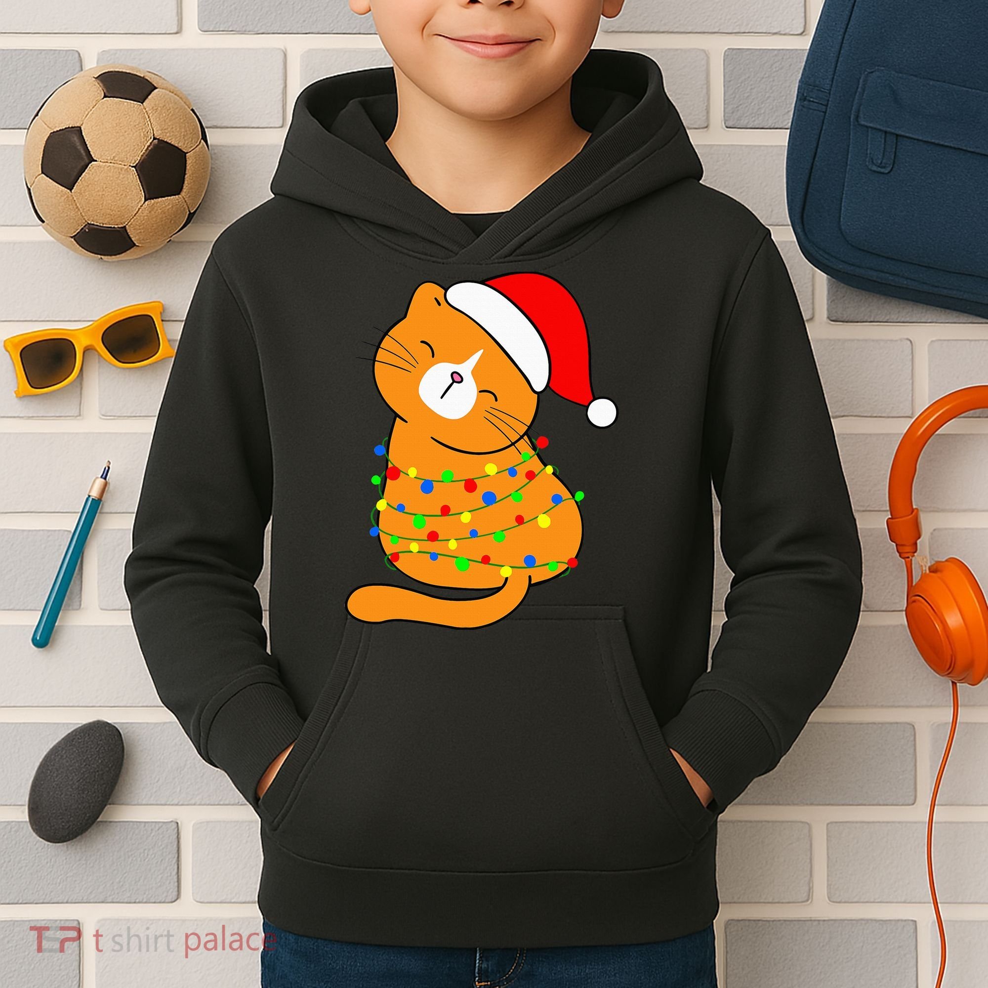 Orange Cat Christmas Tree Lights Santa Hat  Kids Hoodie