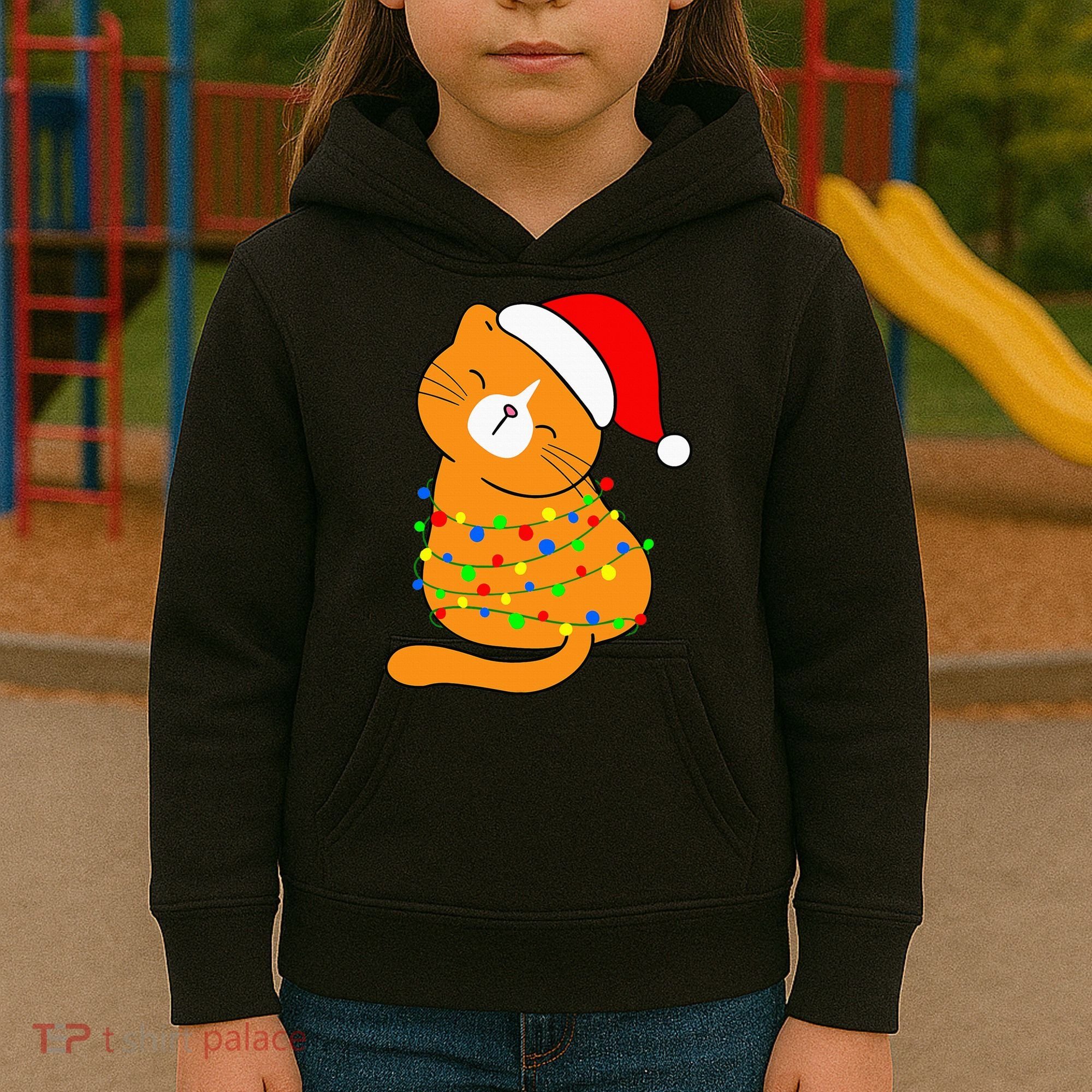 Orange Cat Christmas Tree Lights Santa Hat  Kids Hoodie