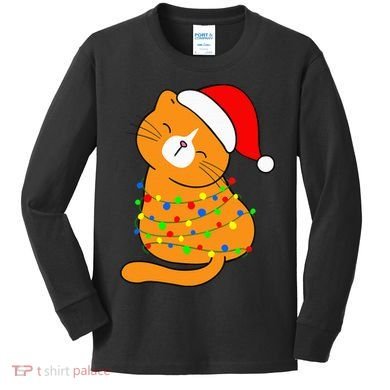 Orange Cat Christmas Tree Lights Santa Hat  Kids Long Sleeve Shirt