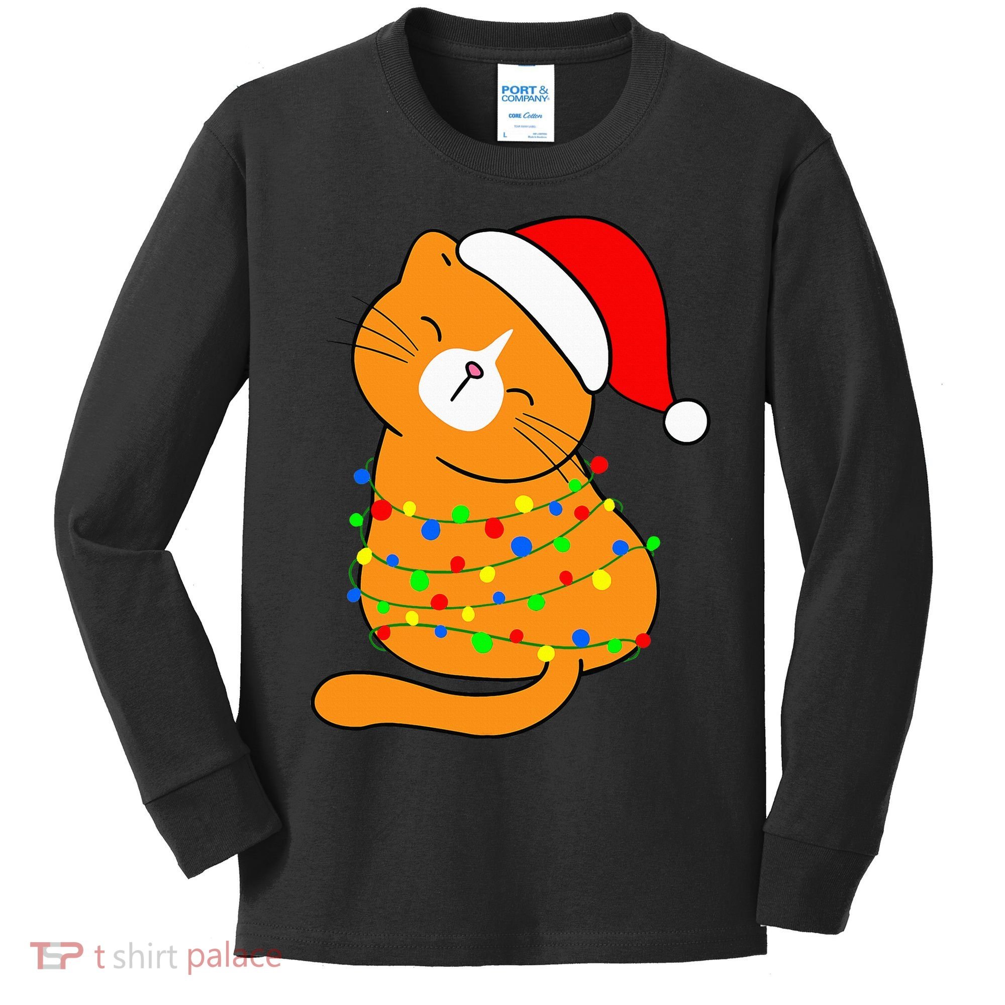 Orange Cat Christmas Tree Lights Santa Hat  Kids Long Sleeve Shirt