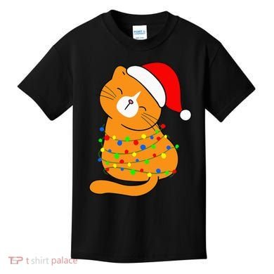 Orange Cat Christmas Tree Lights Santa Hat  Kids T-Shirt