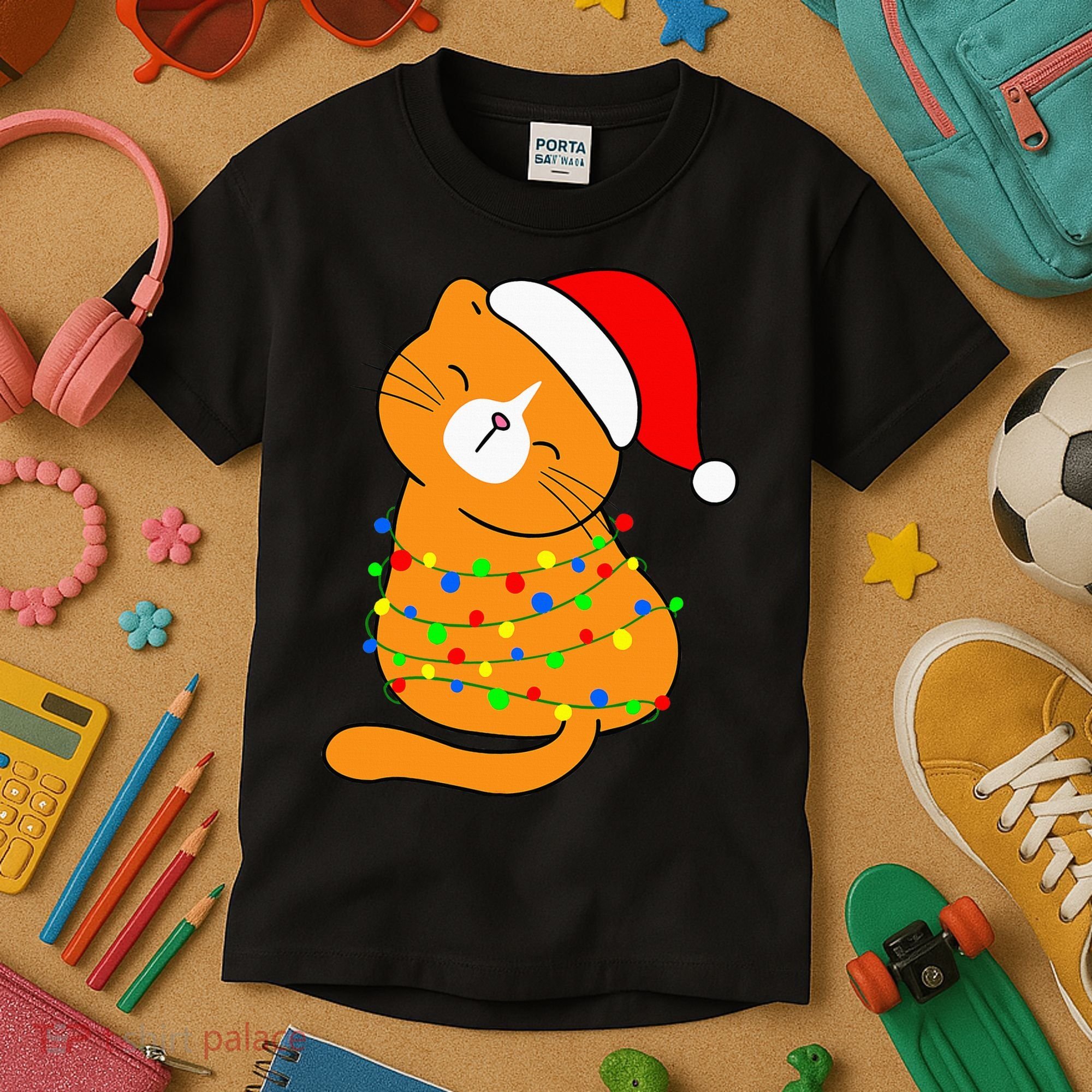 Orange Cat Christmas Tree Lights Santa Hat  Kids T-Shirt