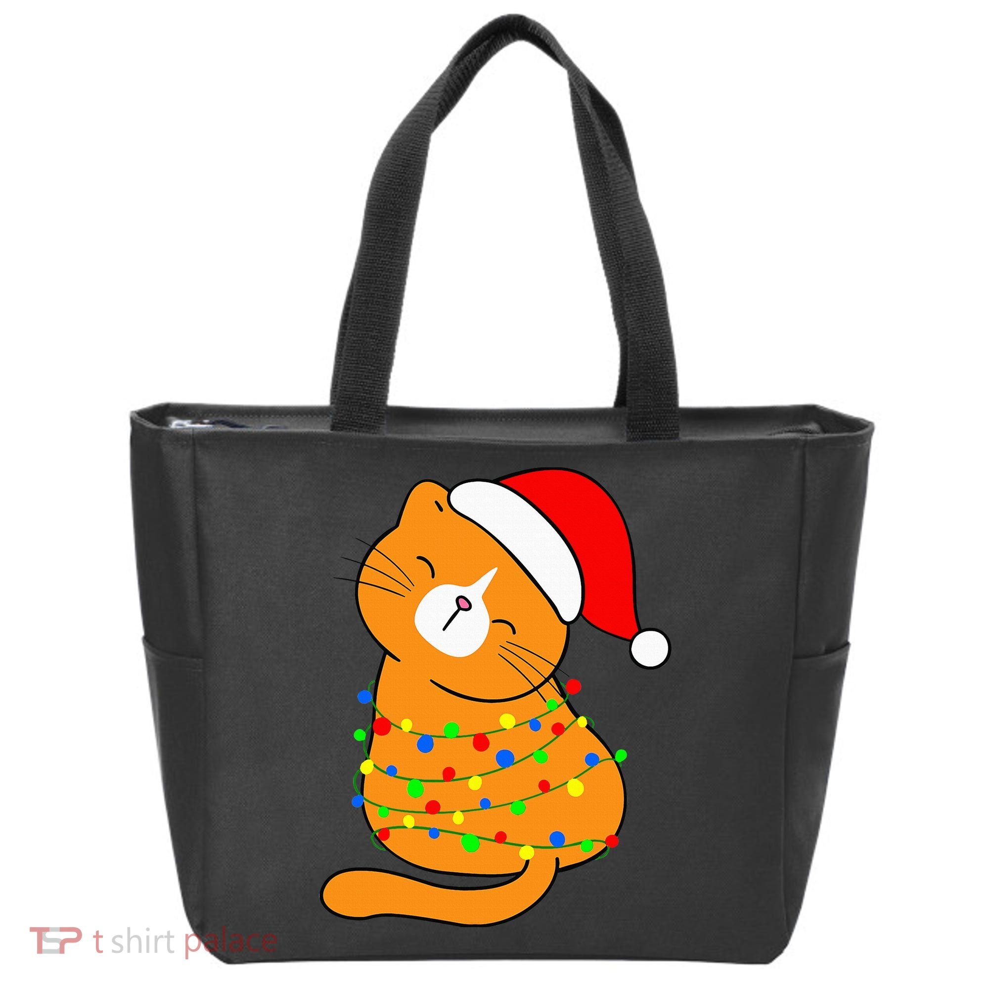 Orange Cat Christmas Tree Lights Santa Hat  Tote Bag