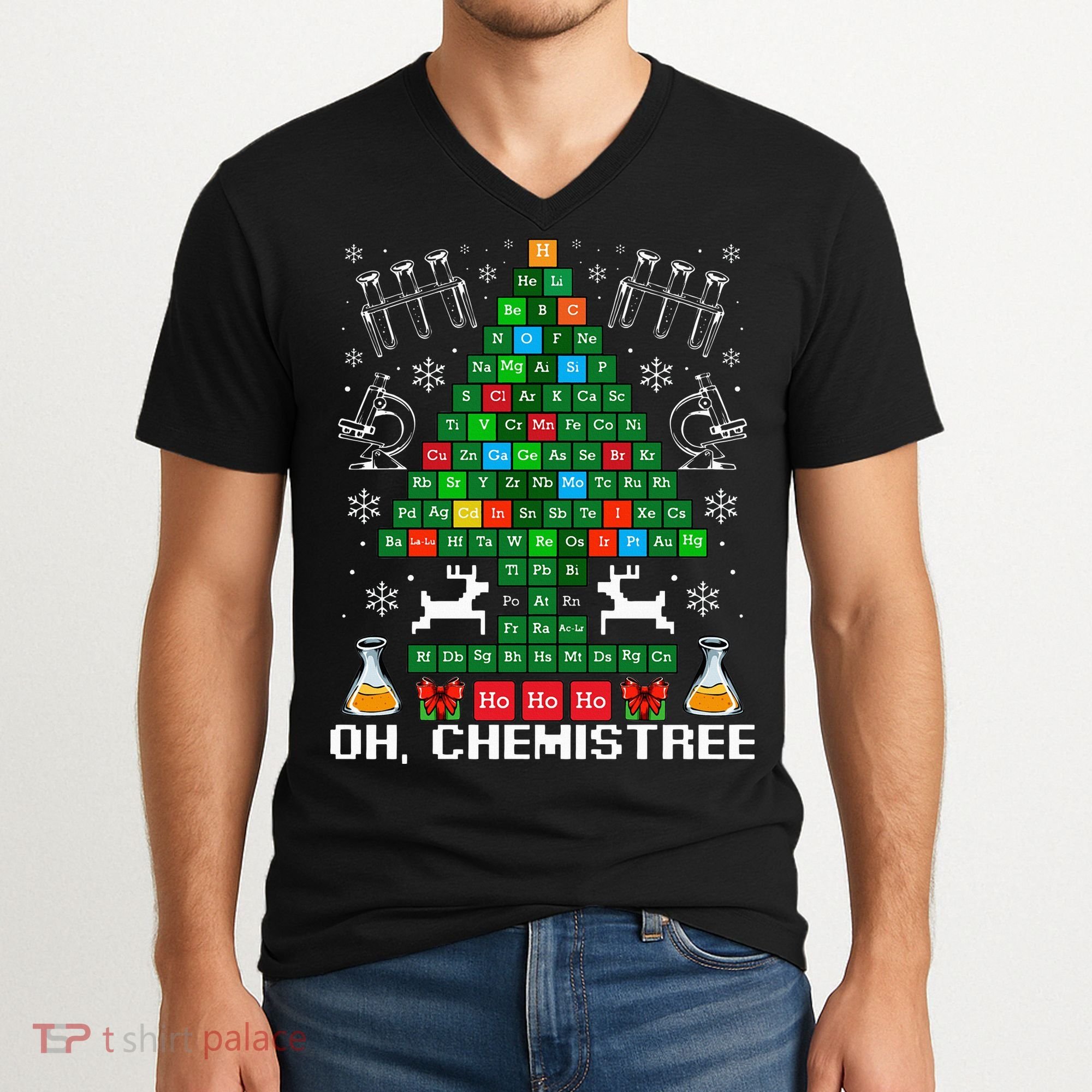 Oh Chemistree Christmas Chemistry Science Periodic Table V-Neck T-Shirt