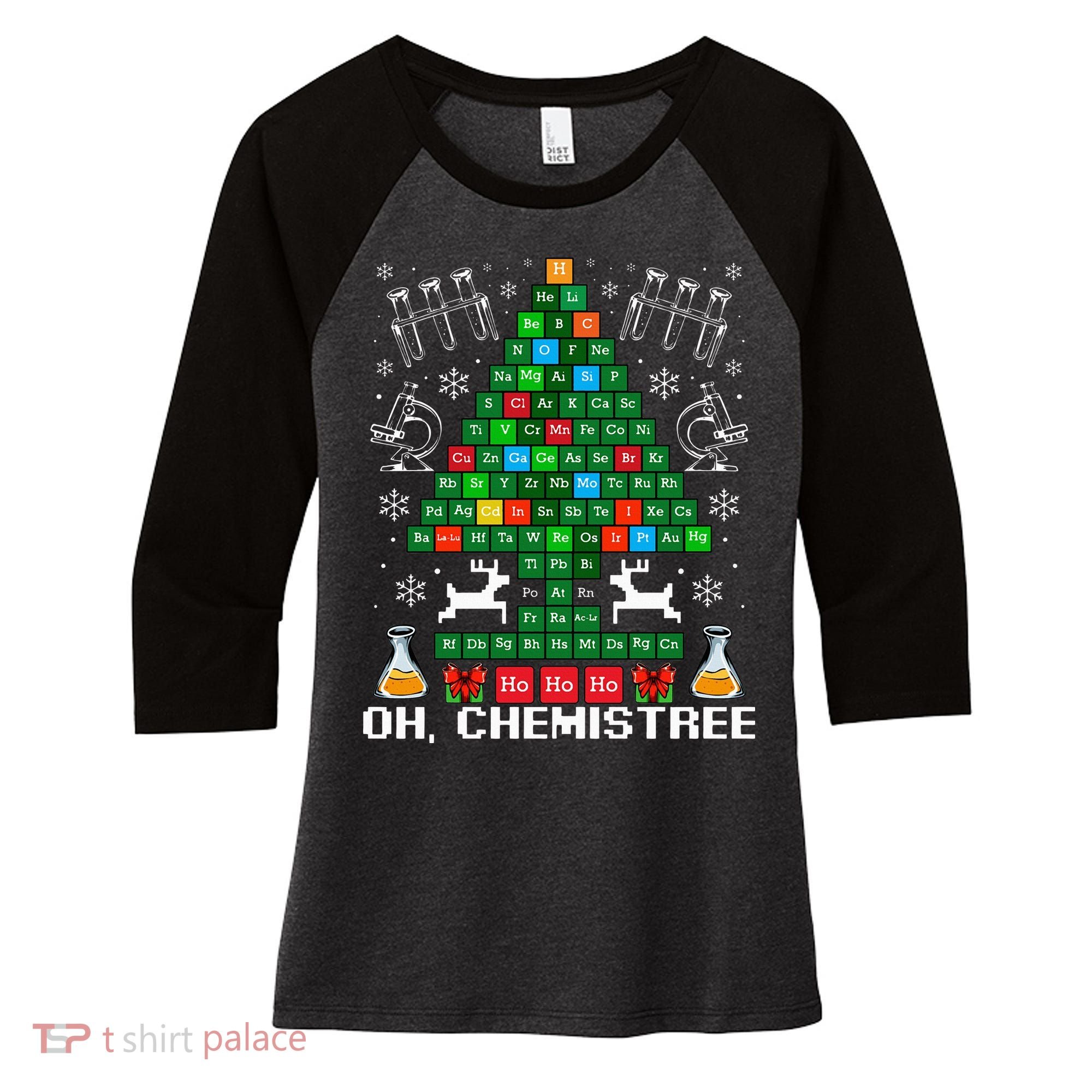 Oh Chemistree Christmas Chemistry Science Periodic Table Women's Tri-Blend 3/4-Sleeve Raglan Shirt
