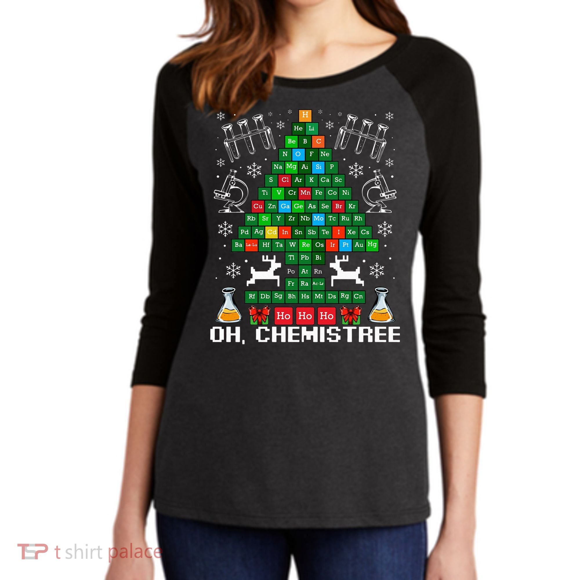 Oh Chemistree Christmas Chemistry Science Periodic Table Women's Tri-Blend 3/4-Sleeve Raglan Shirt