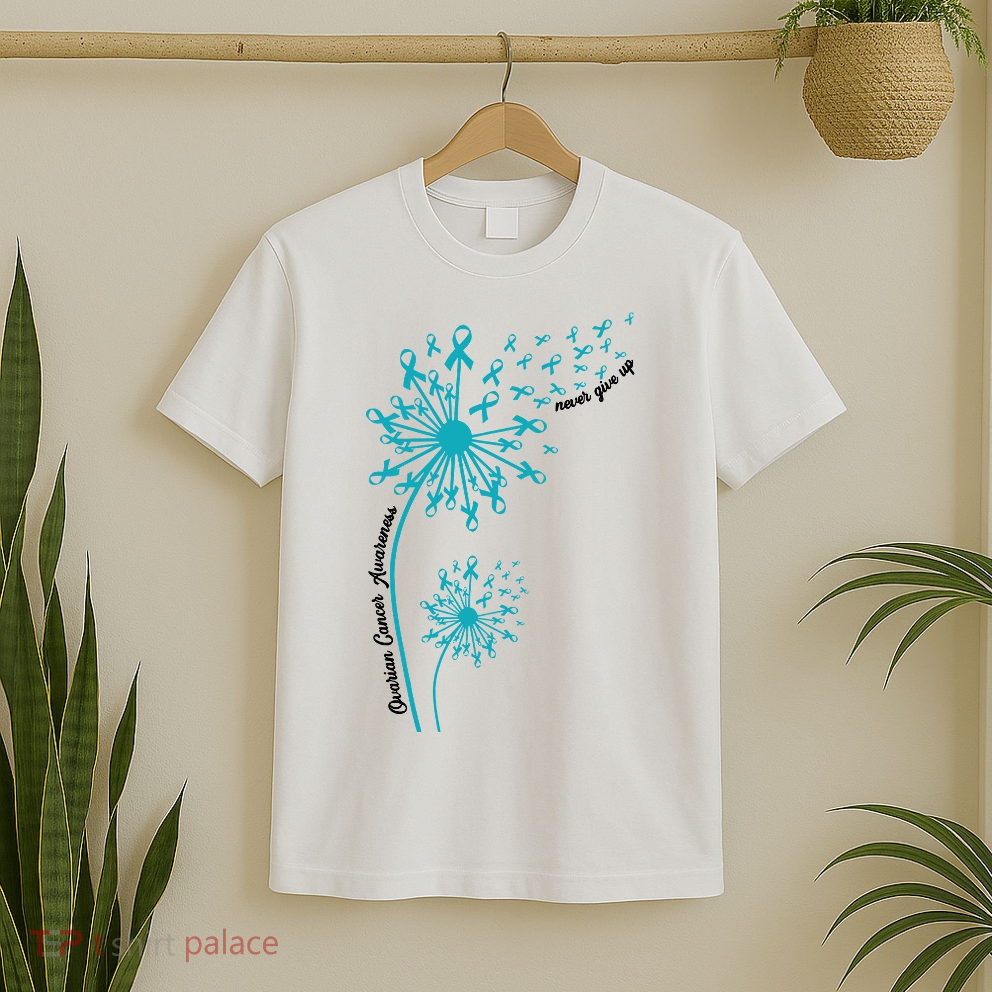 Ovarian Cancer Dandelion Teal Ribbon Ovarian Cancer Ovarian Survivor T-Shirt