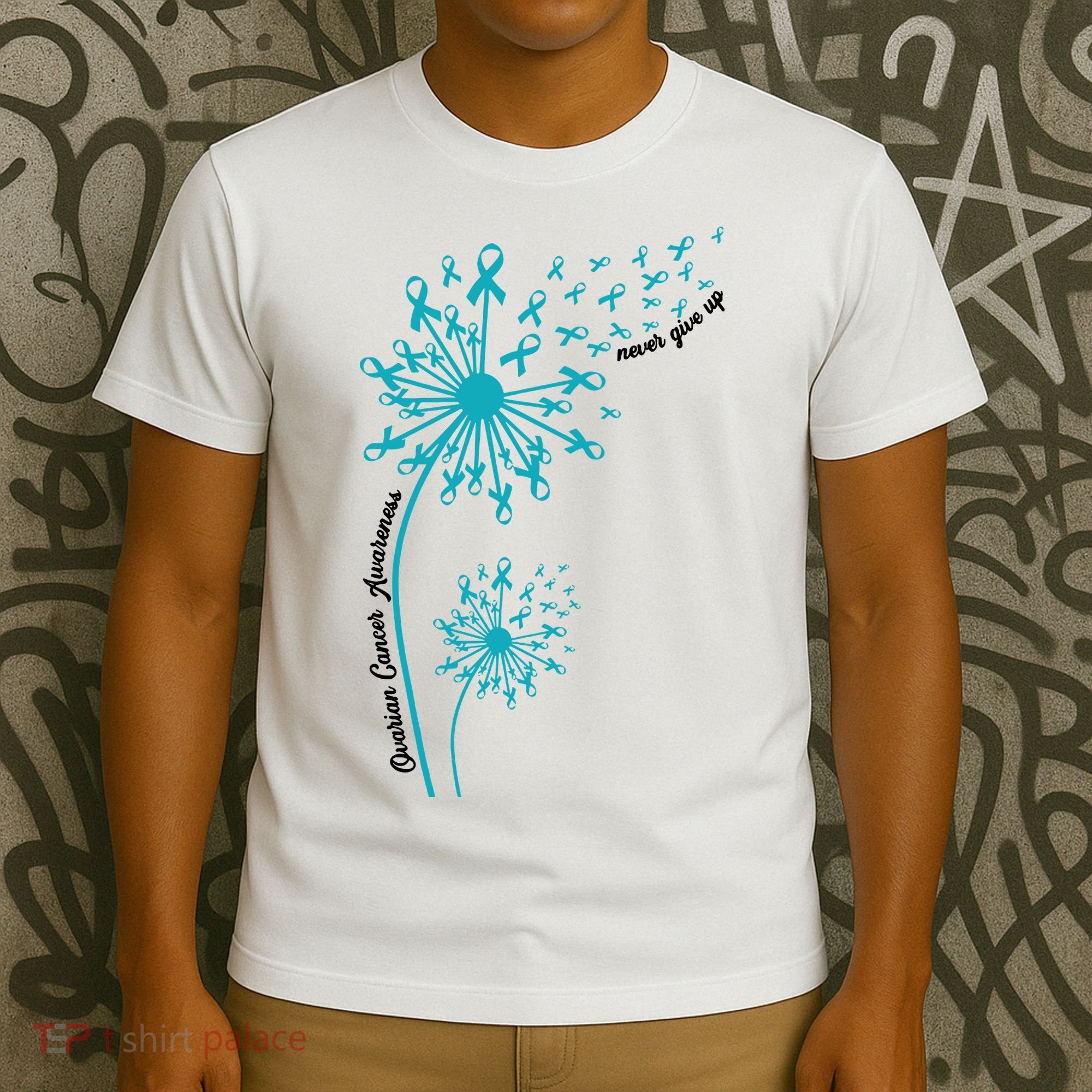 Ovarian Cancer Dandelion Teal Ribbon Ovarian Cancer Ovarian Survivor T-Shirt