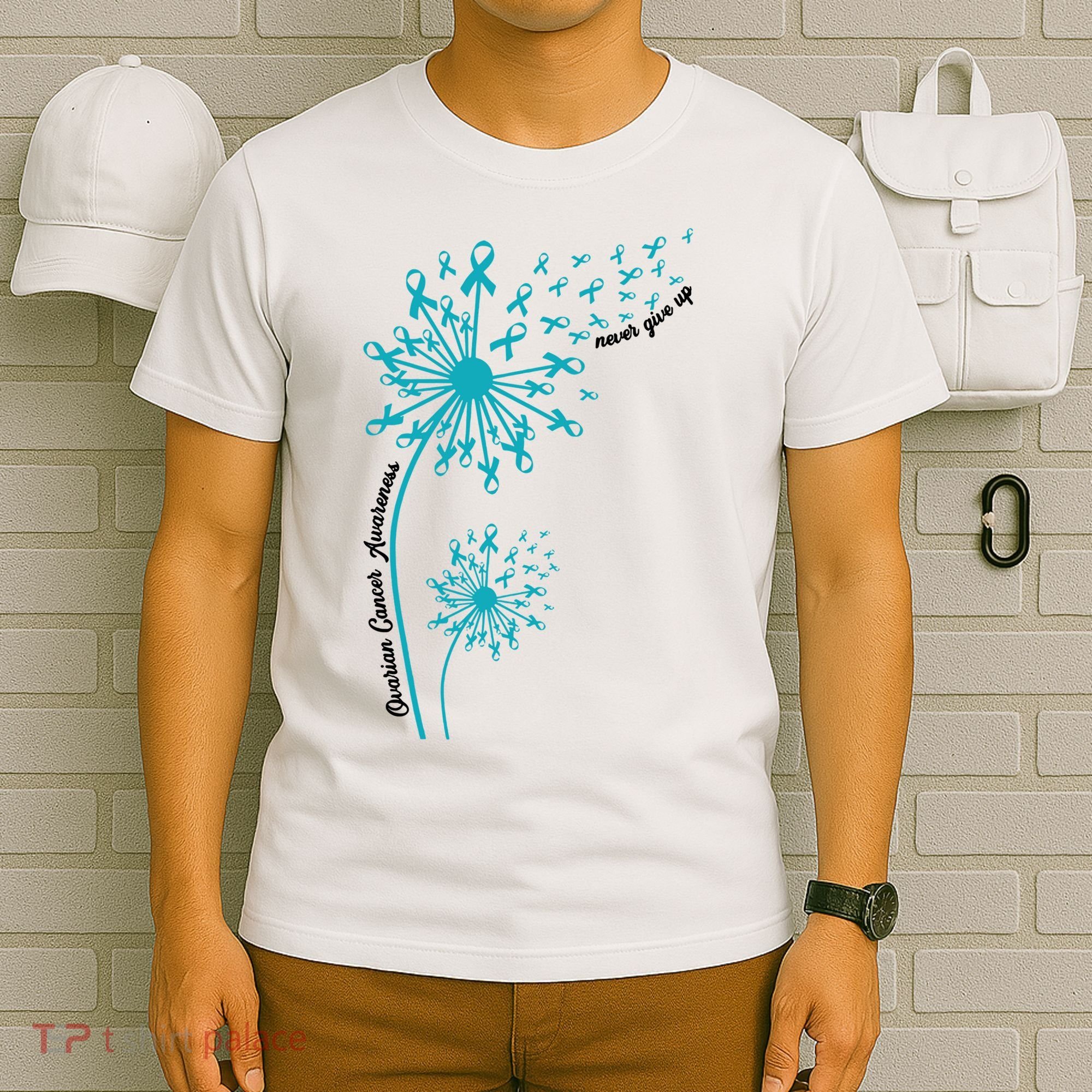 Ovarian Cancer Dandelion Teal Ribbon Ovarian Cancer Ovarian Survivor T-Shirt