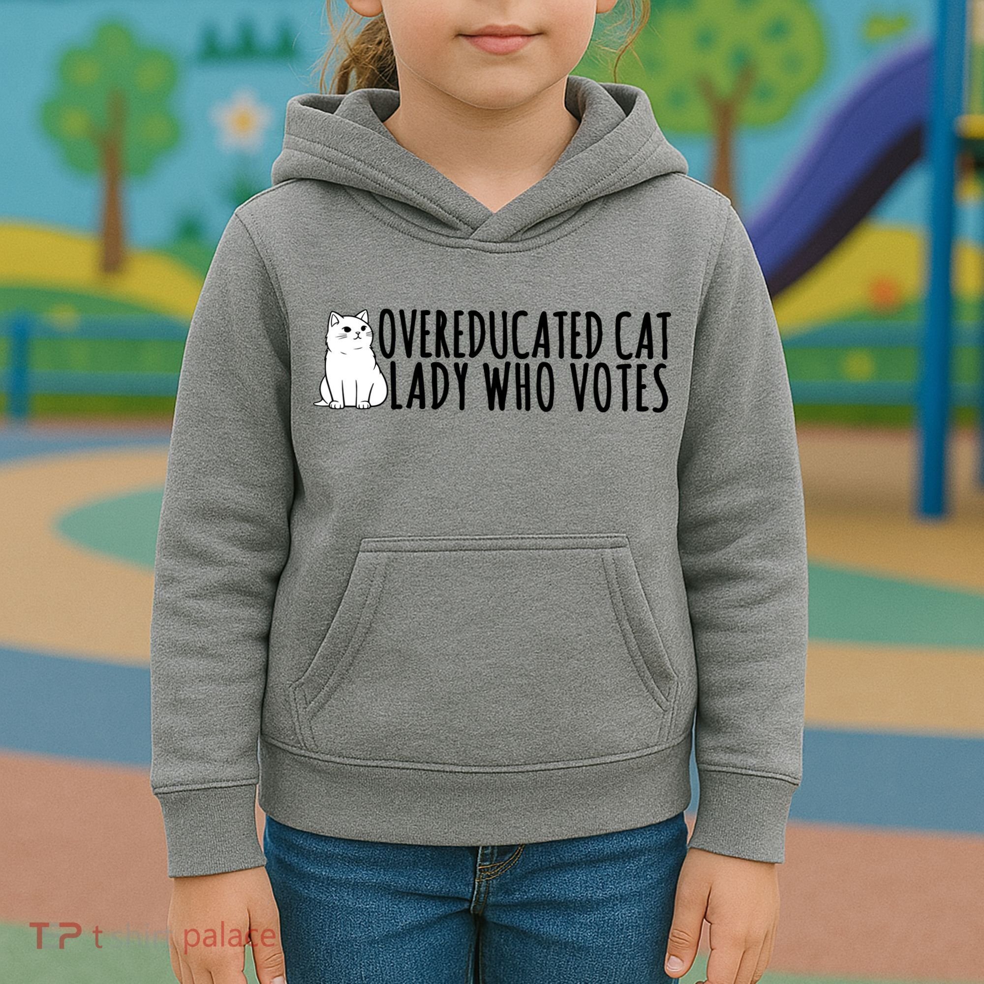Overeducated Cat Lady Who Votes Kamala Harris 2024 Kids Hoodie