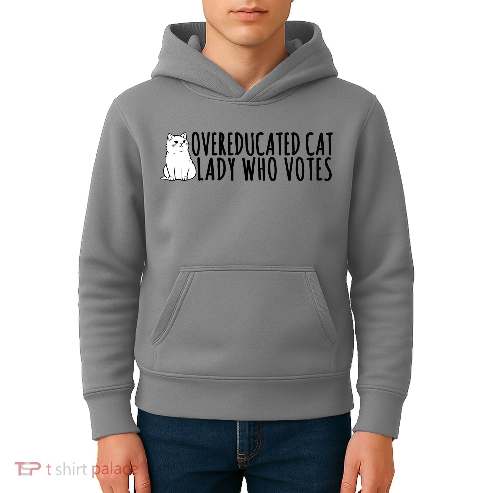 Overeducated Cat Lady Who Votes Kamala Harris 2024 Kids Hoodie