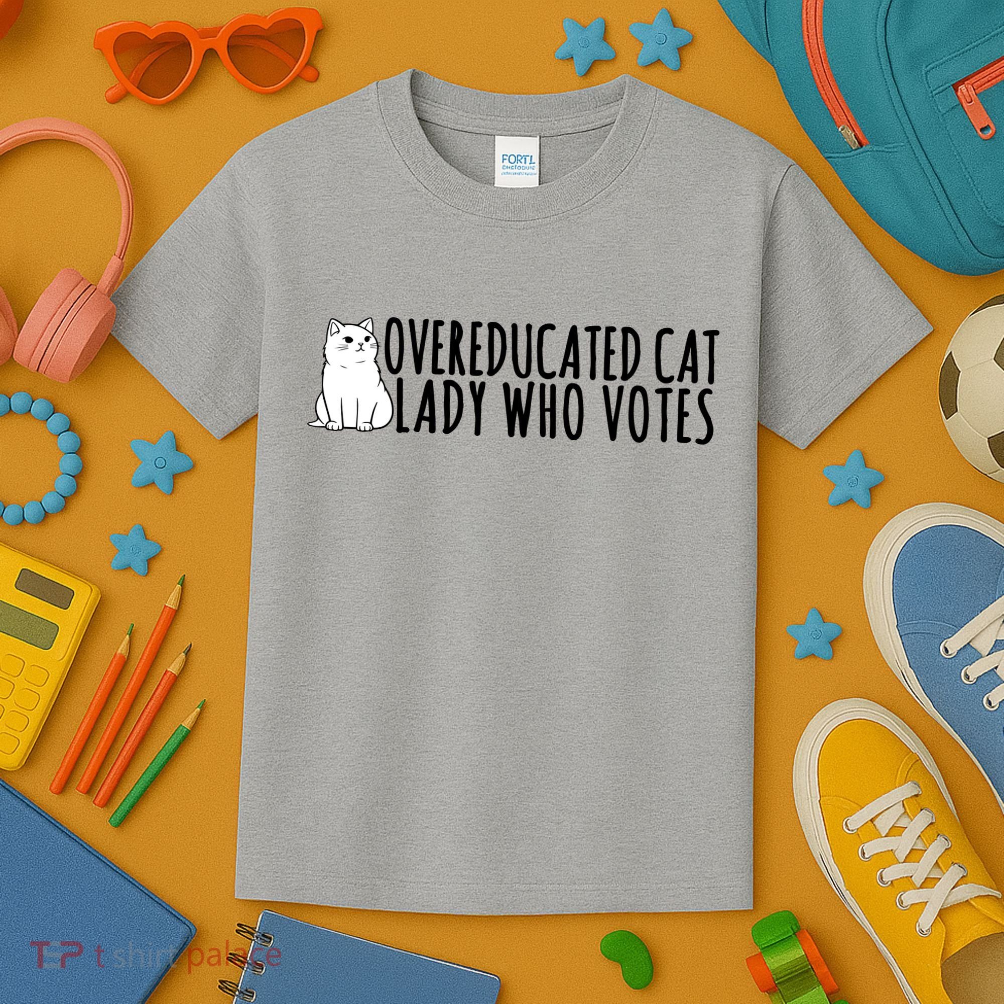 Overeducated Cat Lady Who Votes Kamala Harris 2024 Kids T-Shirt