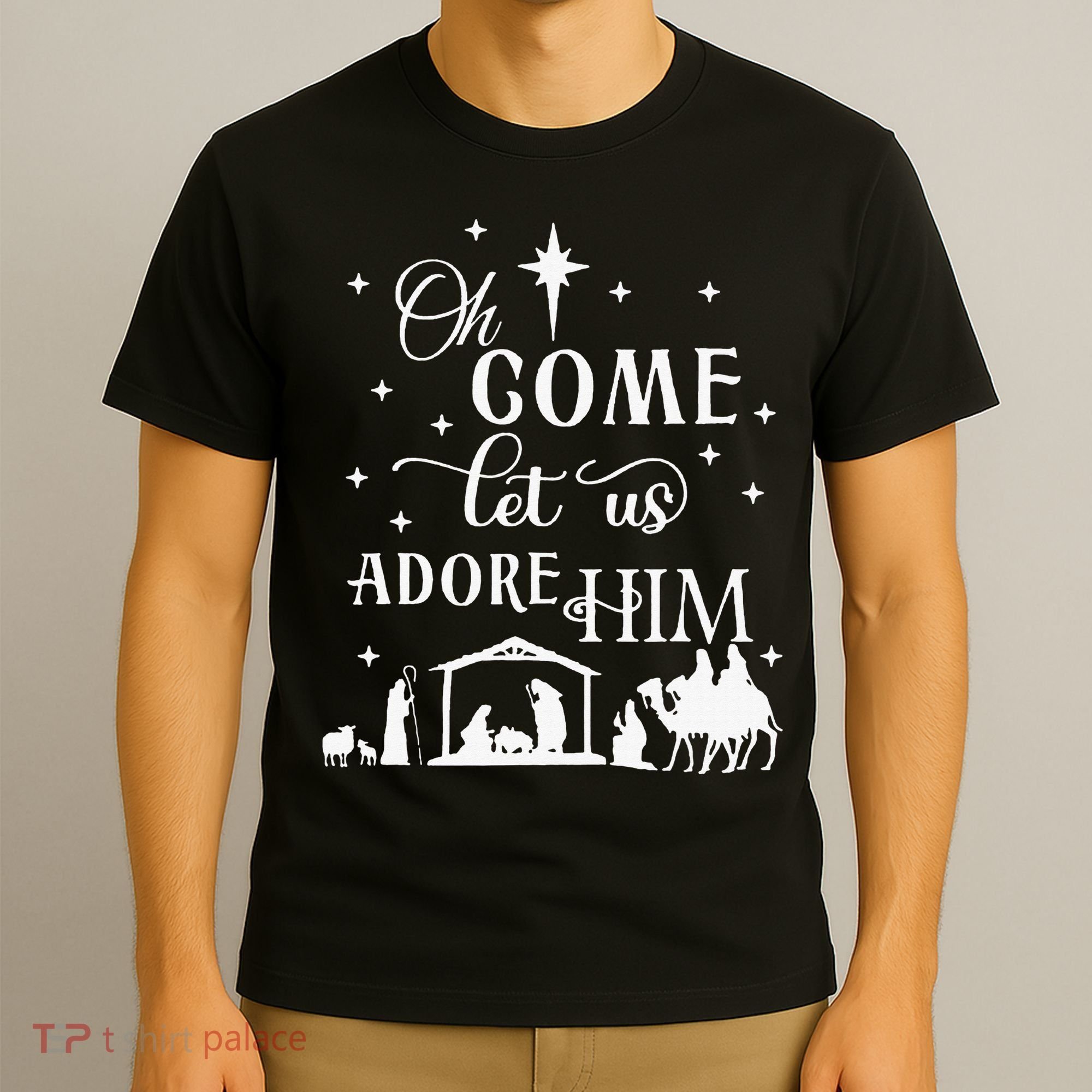 Oh Come Let Us Adore Him Christian Nativity Vintage Xmas T-Shirt