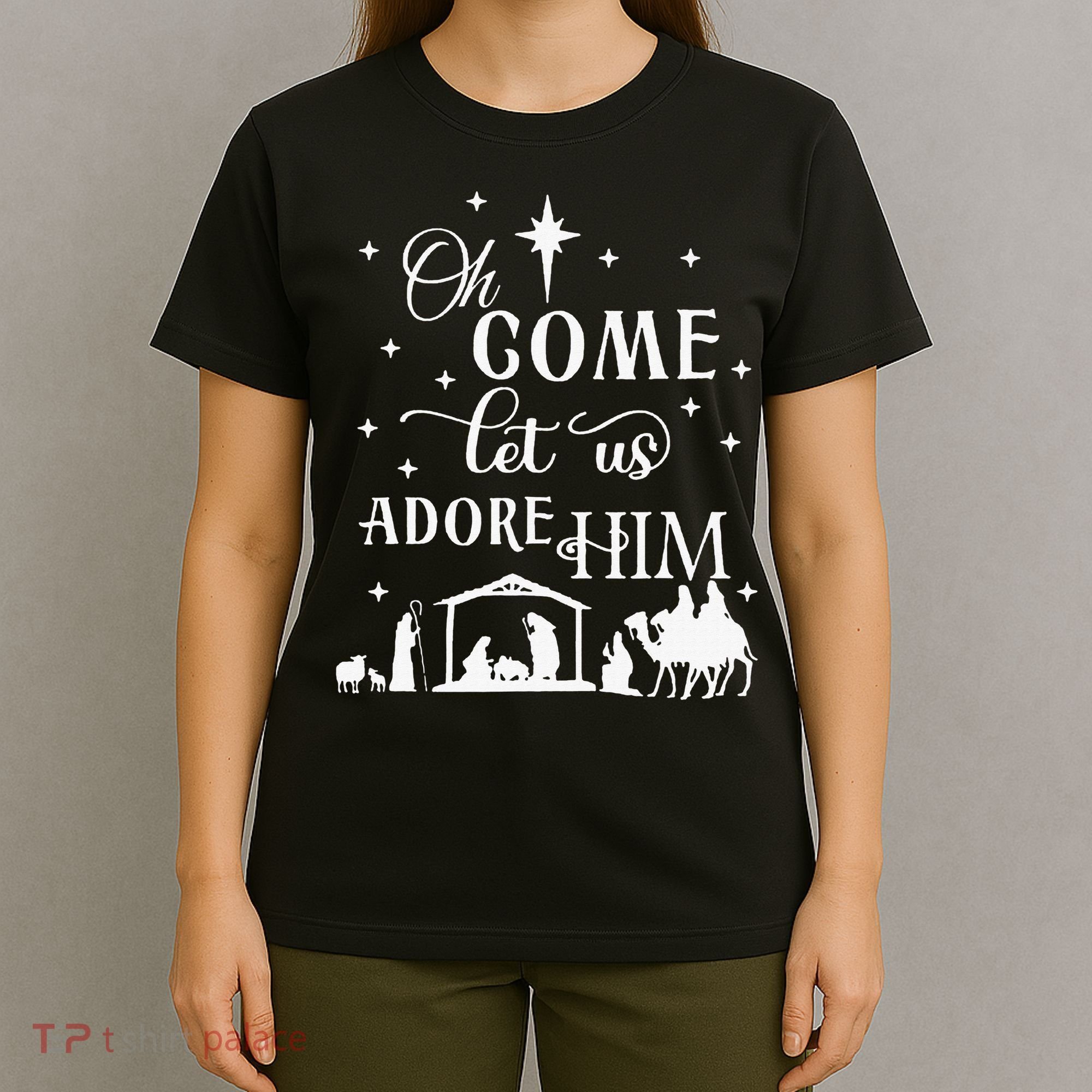 Oh Come Let Us Adore Him Christian Nativity Vintage Xmas T-Shirt