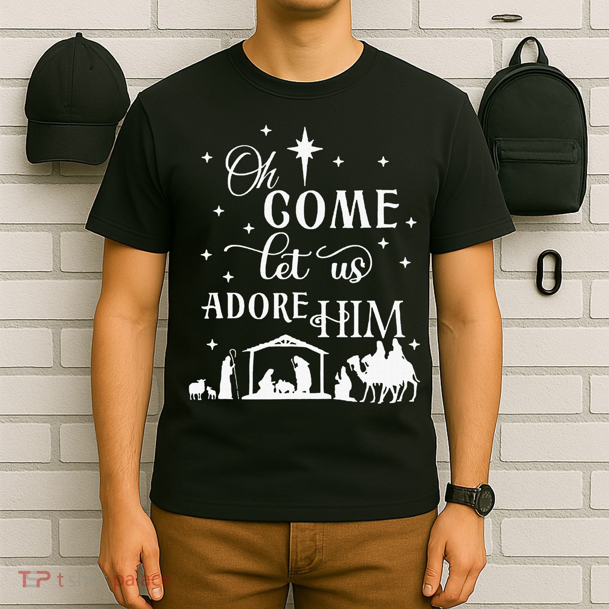 Oh Come Let Us Adore Him Christian Nativity Vintage Xmas T-Shirt