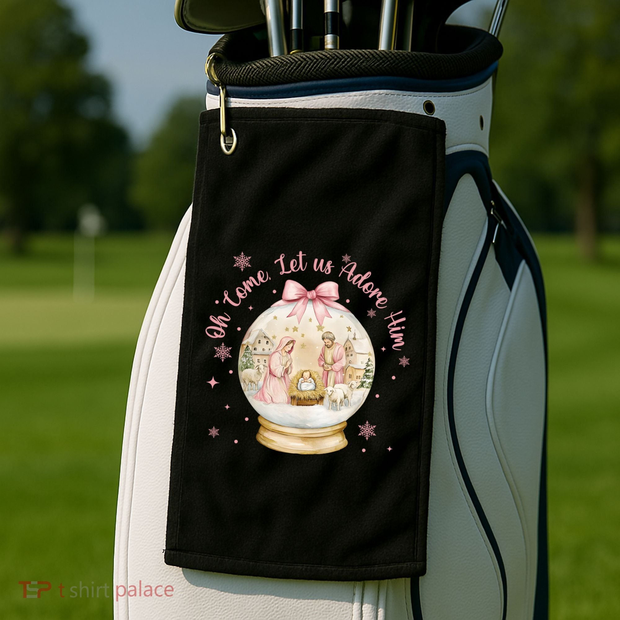 Oh Come Let Us Adore Him Jesus Nativity Scene Coquette Bow Gift Golf Towel