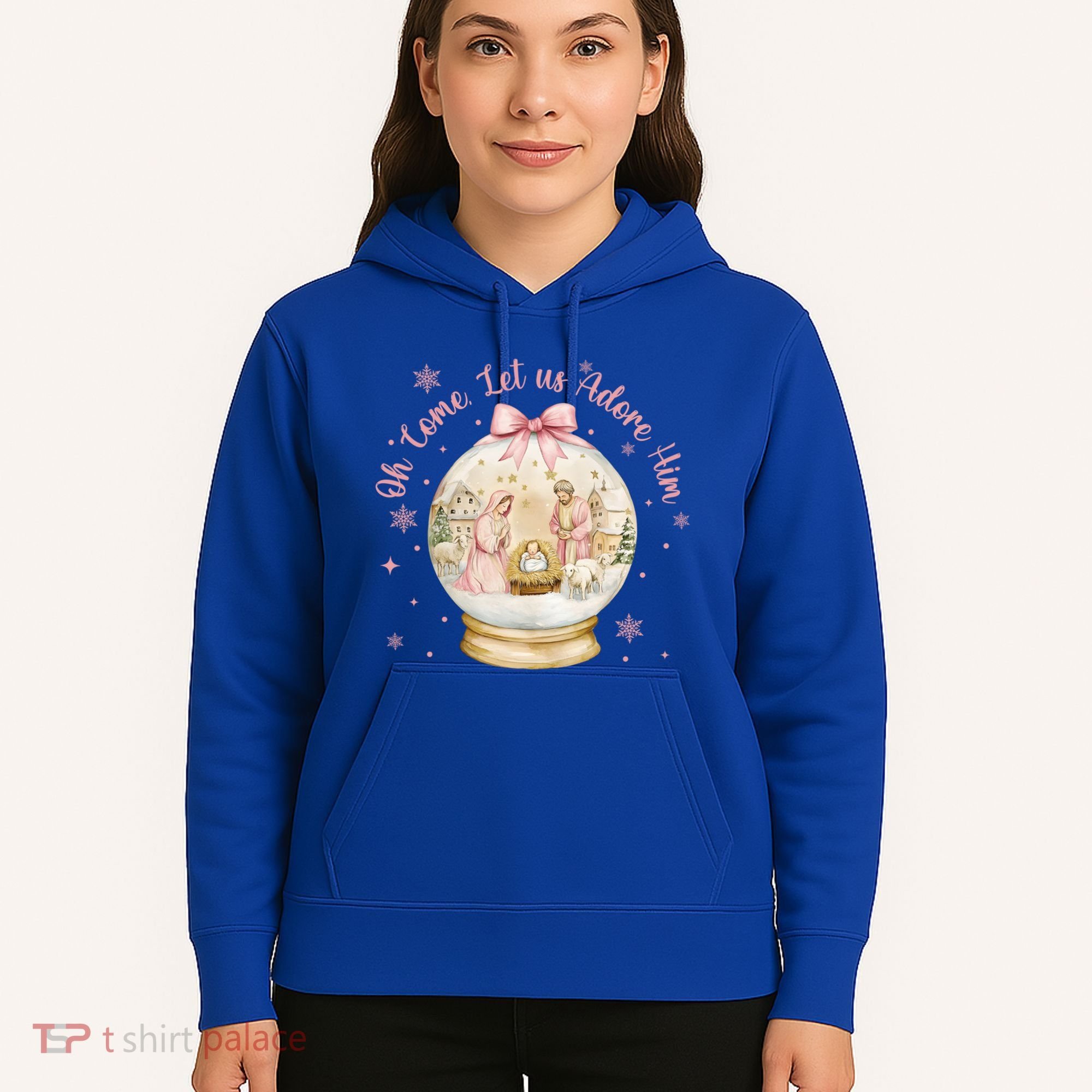 Oh Come Let Us Adore Him Jesus Nativity Scene Coquette Bow Gift Hoodie