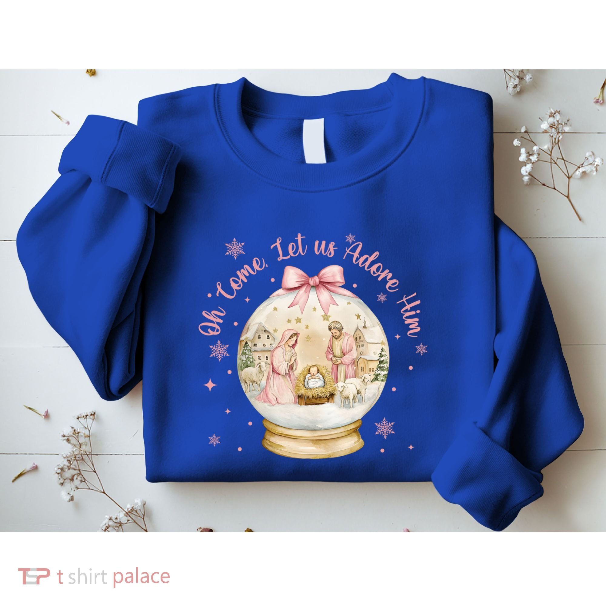 Oh Come Let Us Adore Him Jesus Nativity Scene Coquette Bow Gift Sweatshirt