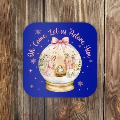 Oh Come Let Us Adore Him Jesus Nativity Scene Coquette Bow Gift Coaster