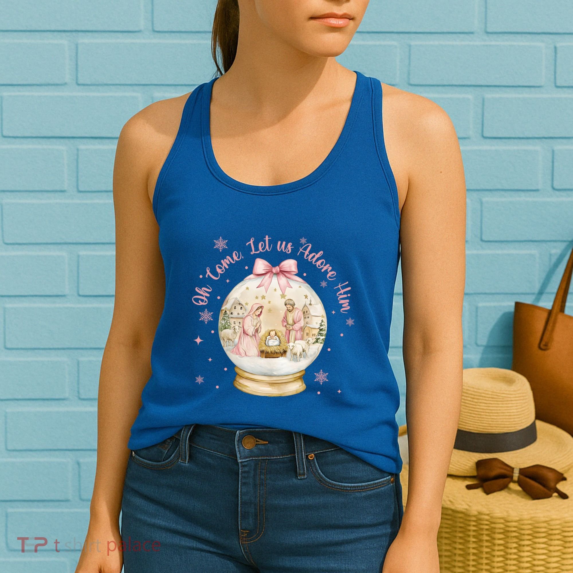 Oh Come Let Us Adore Him Jesus Nativity Scene Coquette Bow Gift Women's Tank Top