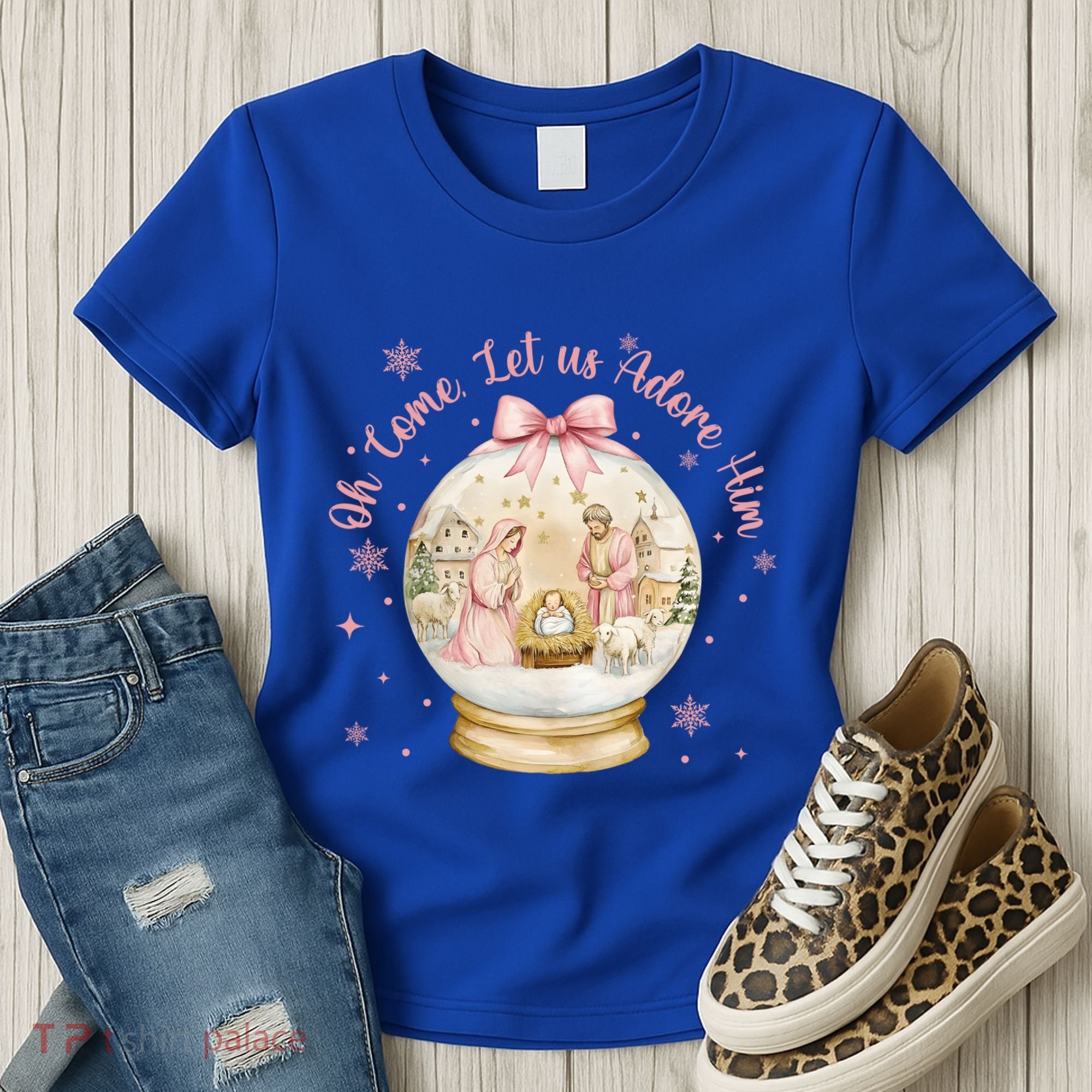 Oh Come Let Us Adore Him Jesus Nativity Scene Coquette Bow Gift Women's T-Shirt