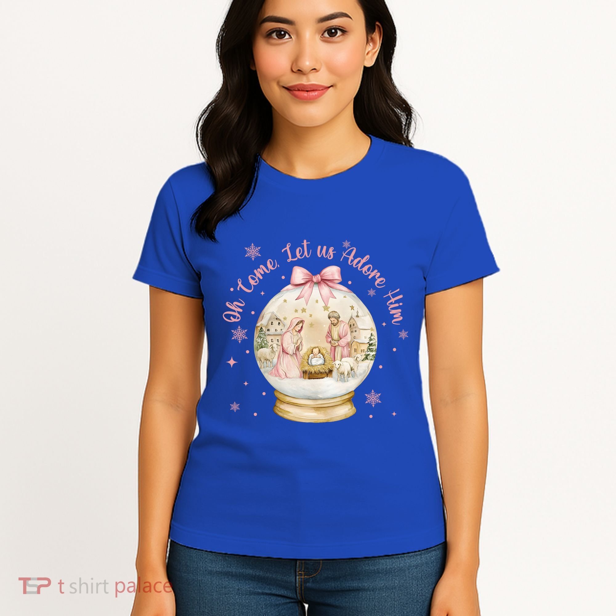 Oh Come Let Us Adore Him Jesus Nativity Scene Coquette Bow Gift Women's T-Shirt